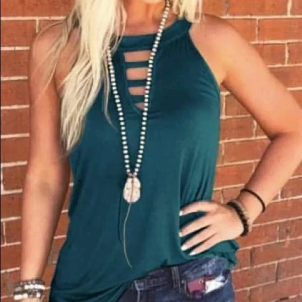 She & Sho Black Tank w/ Strappy Keyhole - Picture 1 of 6